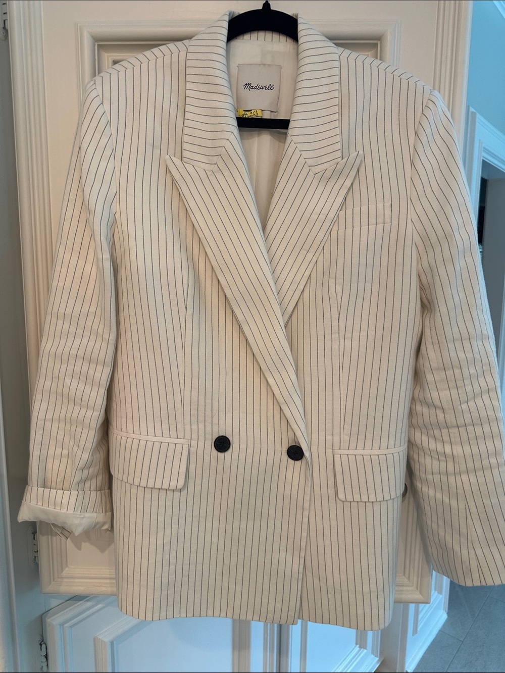 Madewell Cream Blazer with Navy Pinstripes